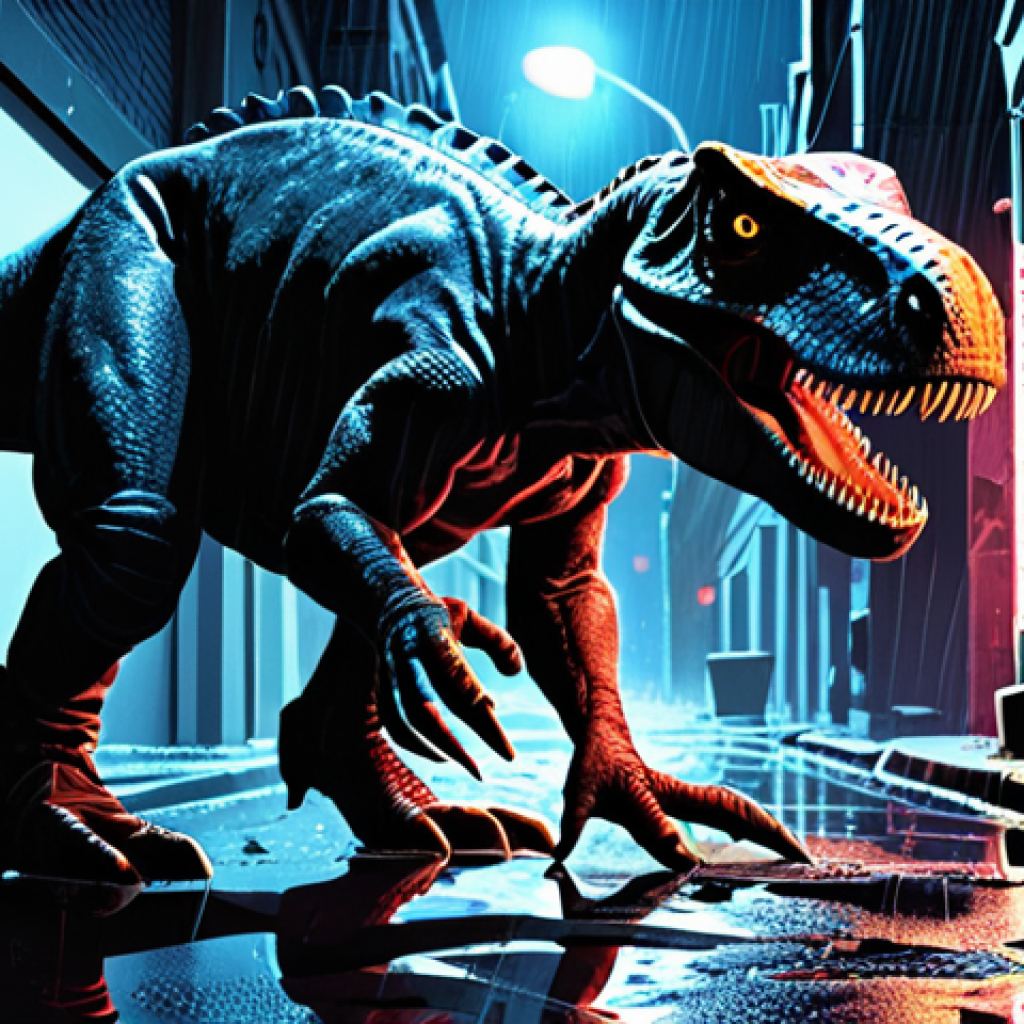 **Prompt:** "Detective Rex, a Tyrannosaurus Rex in a police uniform, investigating a crime scene in a dark alley. Film noir style, rainy night, neon signs reflecting in puddles. Emphasize Rex's intelligent and determined expression. Jurassic Cops comic book cover."