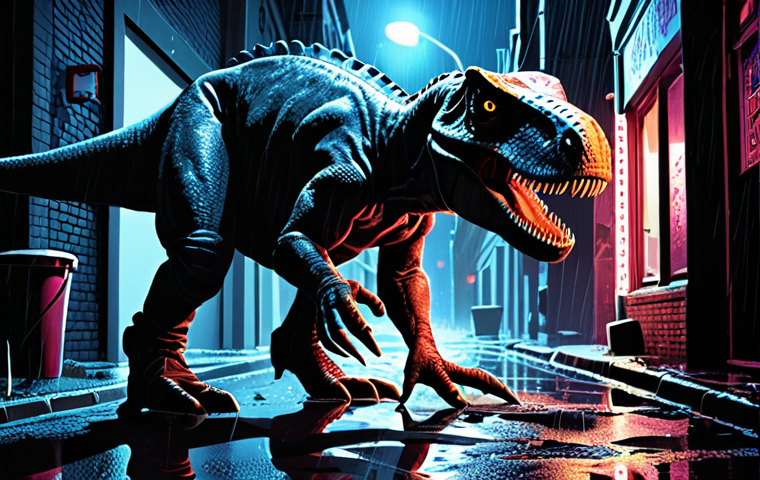 **Prompt:** "Detective Rex, a Tyrannosaurus Rex in a police uniform, investigating a crime scene in a dark alley. Film noir style, rainy night, neon signs reflecting in puddles. Emphasize Rex's intelligent and determined expression. Jurassic Cops comic book cover."