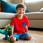 A young boy, around 6 years old, with a wide, joyful smile, fully clothed in a modest, brightly colored t-shirt and play shorts. He is sitting on a soft rug in a sunlit, family-friendly living room, surrounded by toy robot-dinosaurs. He holds a toy dinosaur high, embodying a heroic adventure, with a natural, dynamic pose. The scene emphasizes imaginative play, inspired by an unseen melody. Perfect anatomy, correct proportions, well-formed hands, proper finger count, natural body proportions. Professional photography, vibrant colors, warm ambient light, high detail, safe for work, appropriate content, fully clothed, modest clothing.