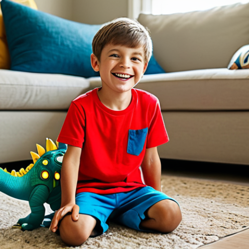 Home 6 A young boy, around 6 years old, with a wide, joyful smile, fully clothed in a modest, brightly colored t-shirt and play shorts. He is sitting on a soft rug in a sunlit, family-friendly living room, surrounded by toy robot-dinosaurs. He holds a toy dinosaur high, embodying a heroic adventure, with a natural, dynamic pose. The scene emphasizes imaginative play, inspired by an unseen melody. Perfect anatomy, correct proportions, well-formed hands, proper finger count, natural body proportions. Professional photography, vibrant colors, warm ambient light, high detail, safe for work, appropriate content, fully clothed, modest clothing.