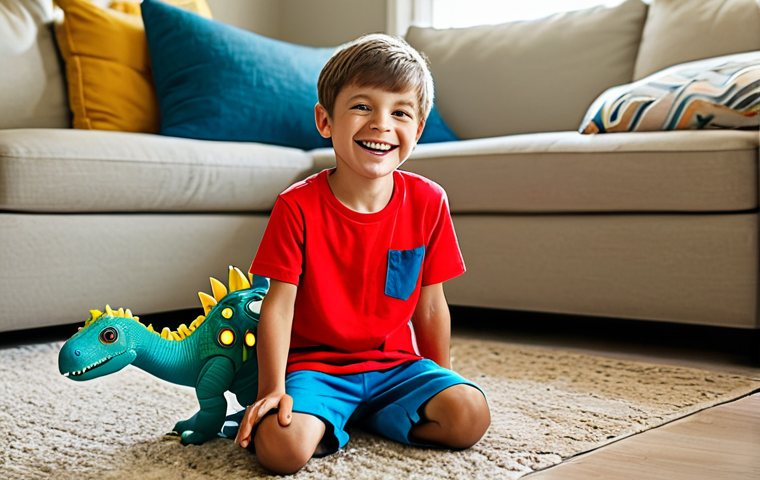 A young boy, around 6 years old, with a wide, joyful smile, fully clothed in a modest, brightly colored t-shirt and play shorts. He is sitting on a soft rug in a sunlit, family-friendly living room, surrounded by toy robot-dinosaurs. He holds a toy dinosaur high, embodying a heroic adventure, with a natural, dynamic pose. The scene emphasizes imaginative play, inspired by an unseen melody. Perfect anatomy, correct proportions, well-formed hands, proper finger count, natural body proportions. Professional photography, vibrant colors, warm ambient light, high detail, safe for work, appropriate content, fully clothed, modest clothing.