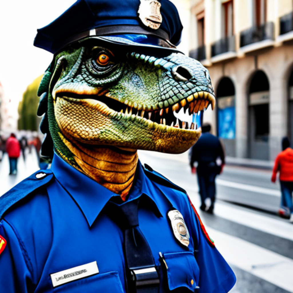 쥬라기캅스 팬아트 모음 - **

"A realistic depiction of Chief T-Rex, fully clothed in a police uniform, standing in a bustling...