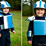 쥬라기캅스 캐릭터 코스프레 - A joyful young child, approximately 7-8 years old, fully dressed in a creative, homemade "Jurassic C...