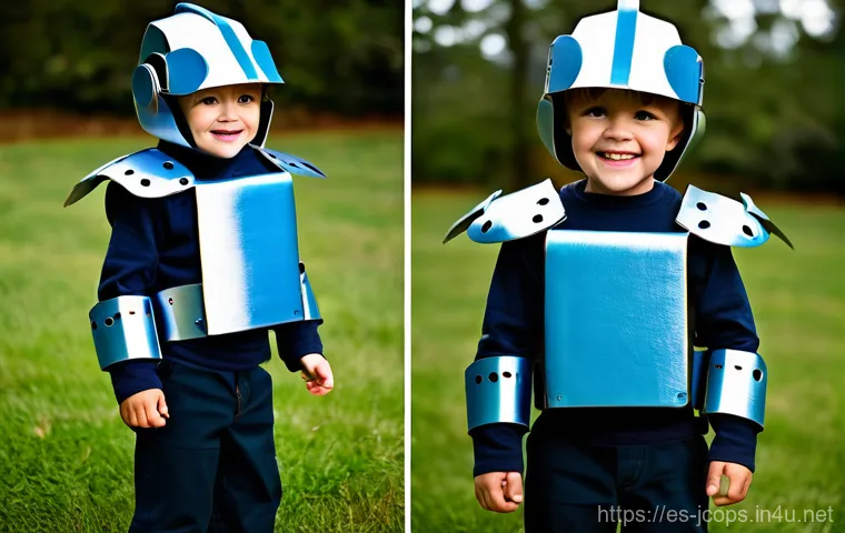 쥬라기캅스 캐릭터 코스프레 - A joyful young child, approximately 7-8 years old, fully dressed in a creative, homemade "Jurassic C...