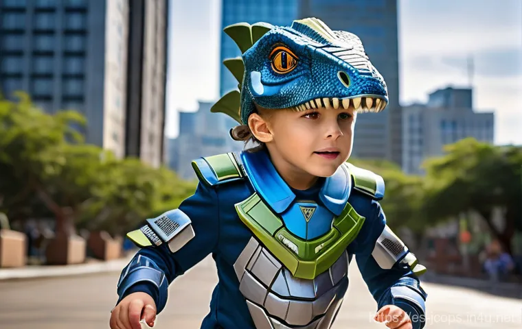 쥬라기캅스 캐릭터 코스프레 - A happy child, around 6-7 years old, showcasing the intricate details of their "Jurassic Cop" costum...