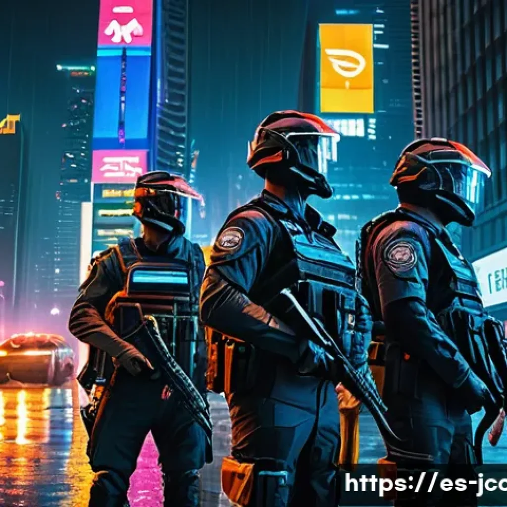 쥬라기캅스 관련 커뮤니티 활동 - A futuristic cityscape at night with glowing neon signs and towering skyscrapers, featuring a group ...