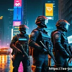 쥬라기캅스 관련 커뮤니티 활동 - A futuristic cityscape at night with glowing neon signs and towering skyscrapers, featuring a group ...