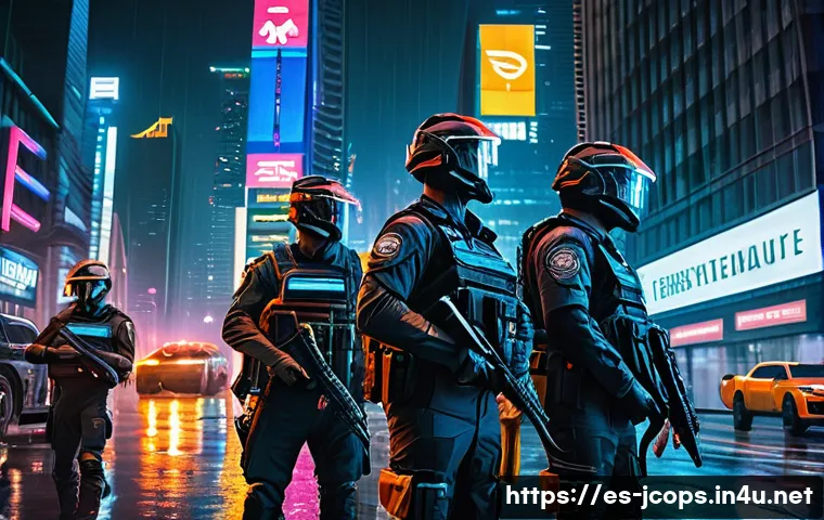 쥬라기캅스 관련 커뮤니티 활동 - A futuristic cityscape at night with glowing neon signs and towering skyscrapers, featuring a group ...