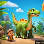쥬라기캅스 대상 연령대 - A vibrant and colorful prehistoric jungle scene designed for young children, featuring friendly, car...