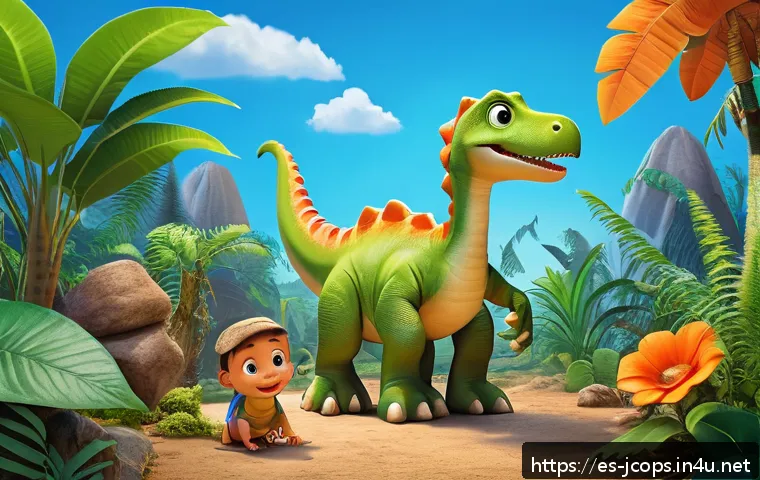쥬라기캅스 대상 연령대 - A vibrant and colorful prehistoric jungle scene designed for young children, featuring friendly, car...
