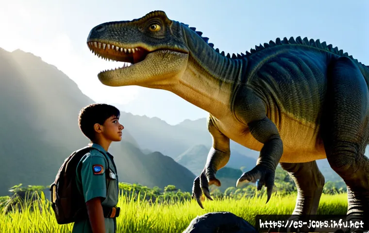 쥬라기캅스 주인공의 성장 이야기 - Photorealistic cinematic scene of a young Latino teenage dinosaur rescue cadet standing bravely besi...