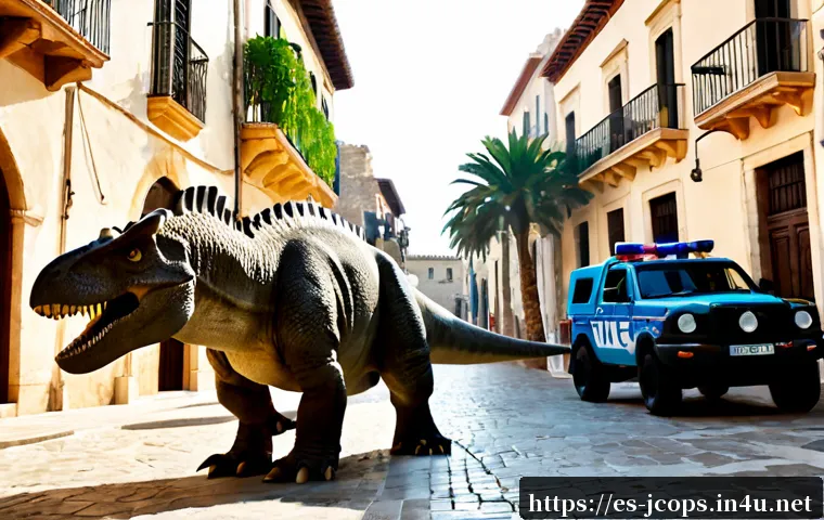 쥬라기캅스 전설 속 공룡 묘사 - Photorealistic heroic dinosaur patrol in a sunlit Spanish old-town plaza, a powerful Tyrannosaurus a...
